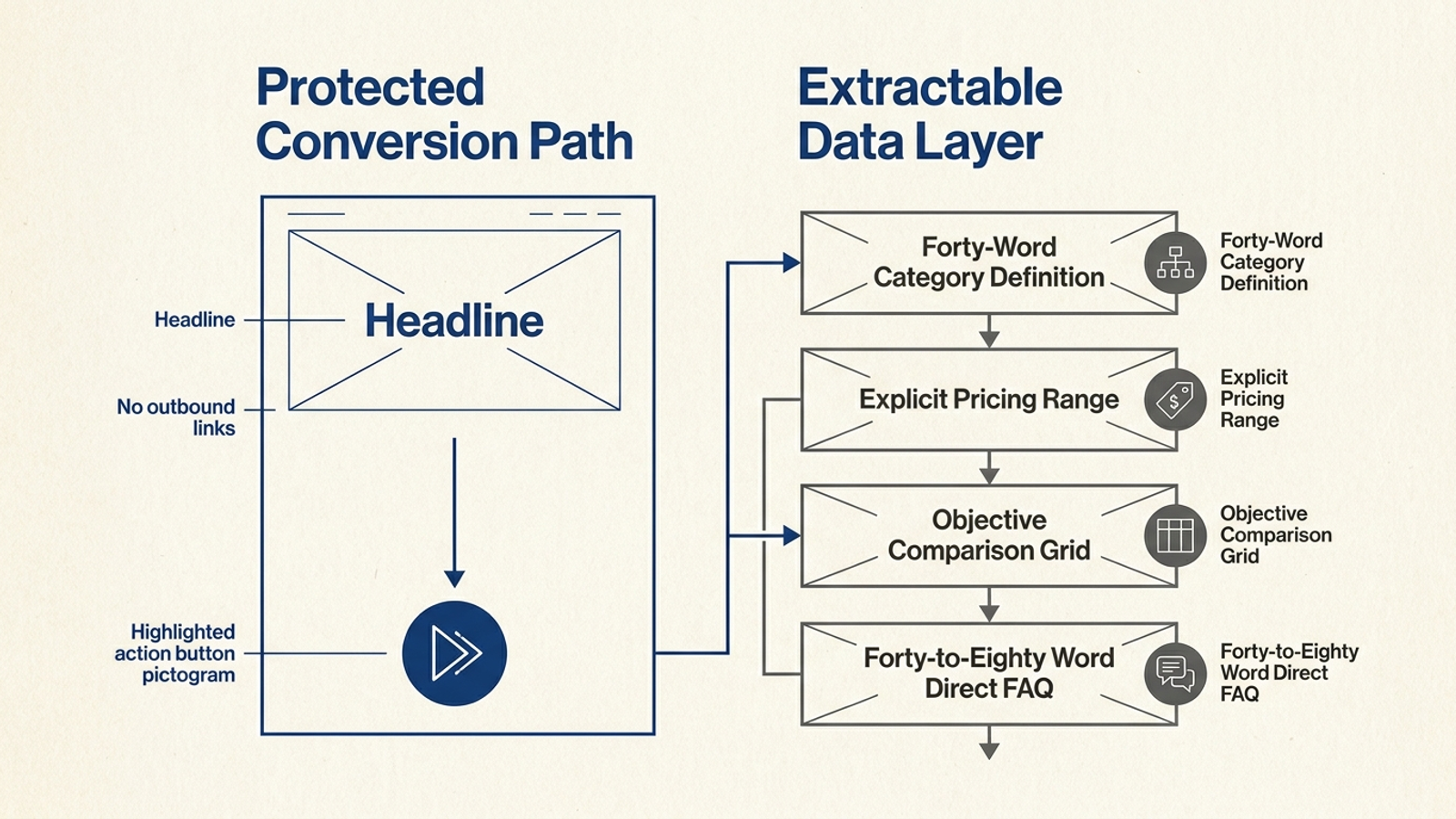 Checklist separating conversion elements to preserve from factual sections to add below the fold